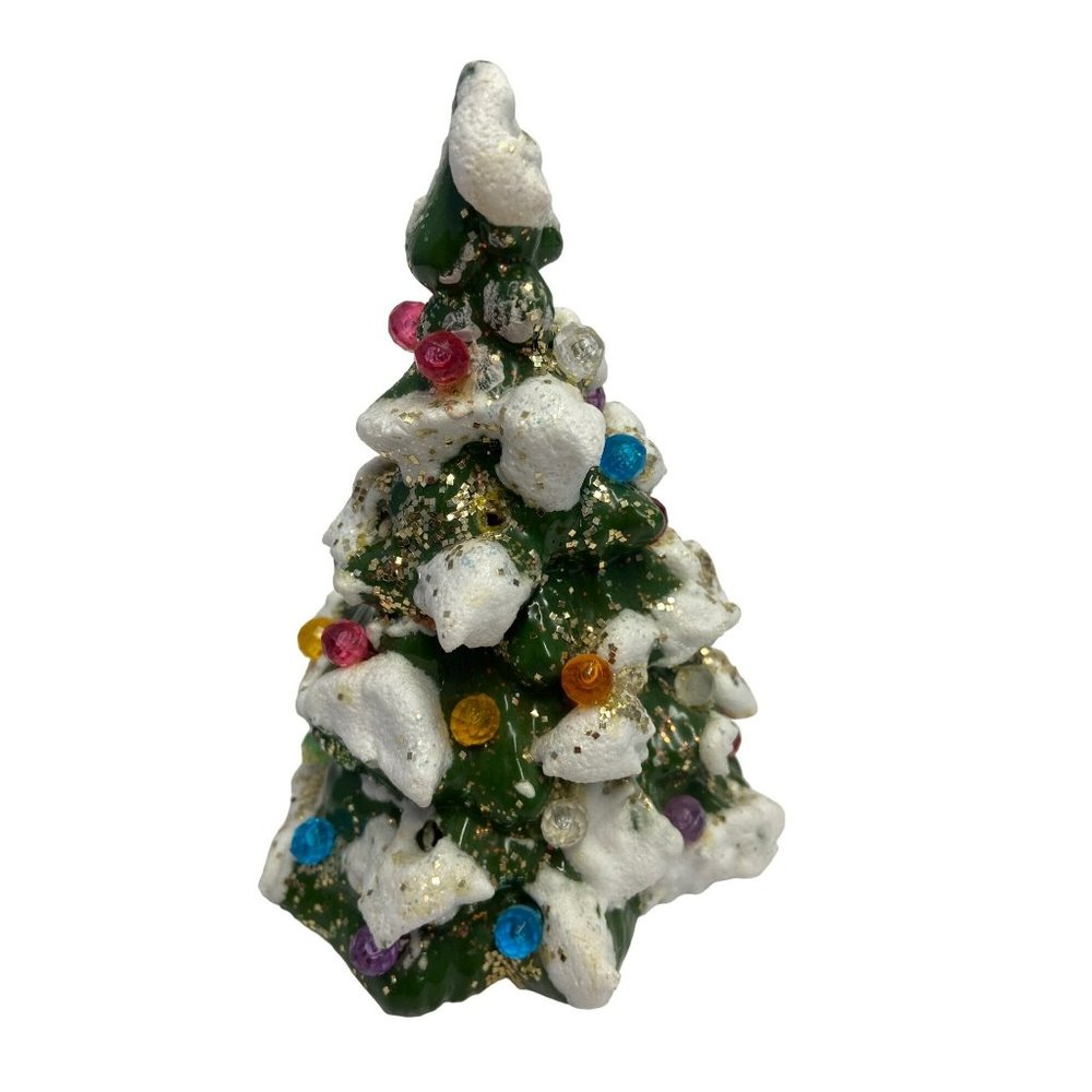 Ceramic Christmas Tree Snowcapped Multicolored Lights Winter Holiday Festive Nos